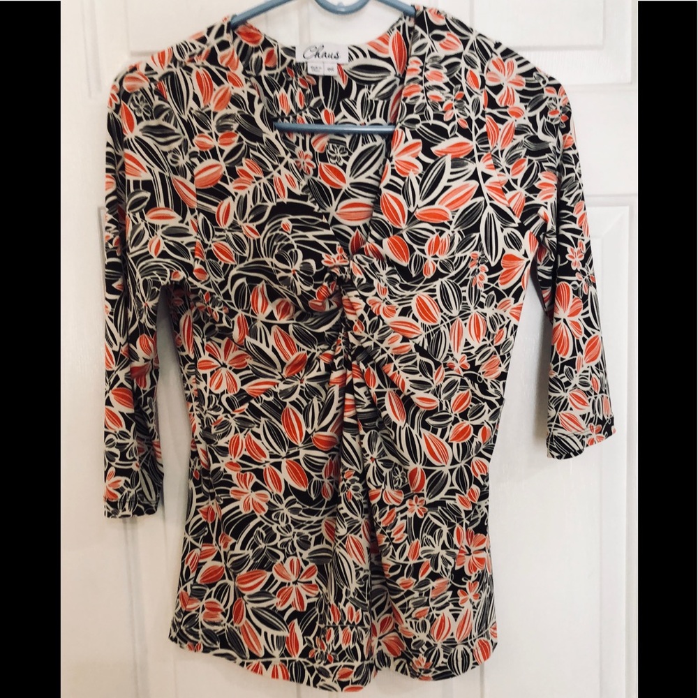 CHAUS V-Neck Red And Black Floral Top Size Petite Small